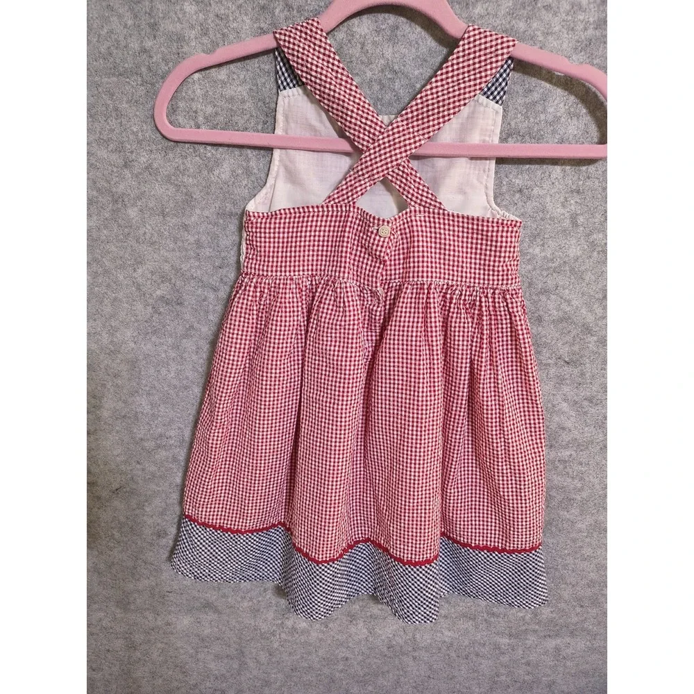 Vtg BT Kids Sz 5 Seersucker Red Blue White Dress Patriotic Summer Sailboat Lined